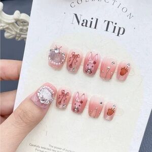 Press-on nails pink bunny strawberry crystal